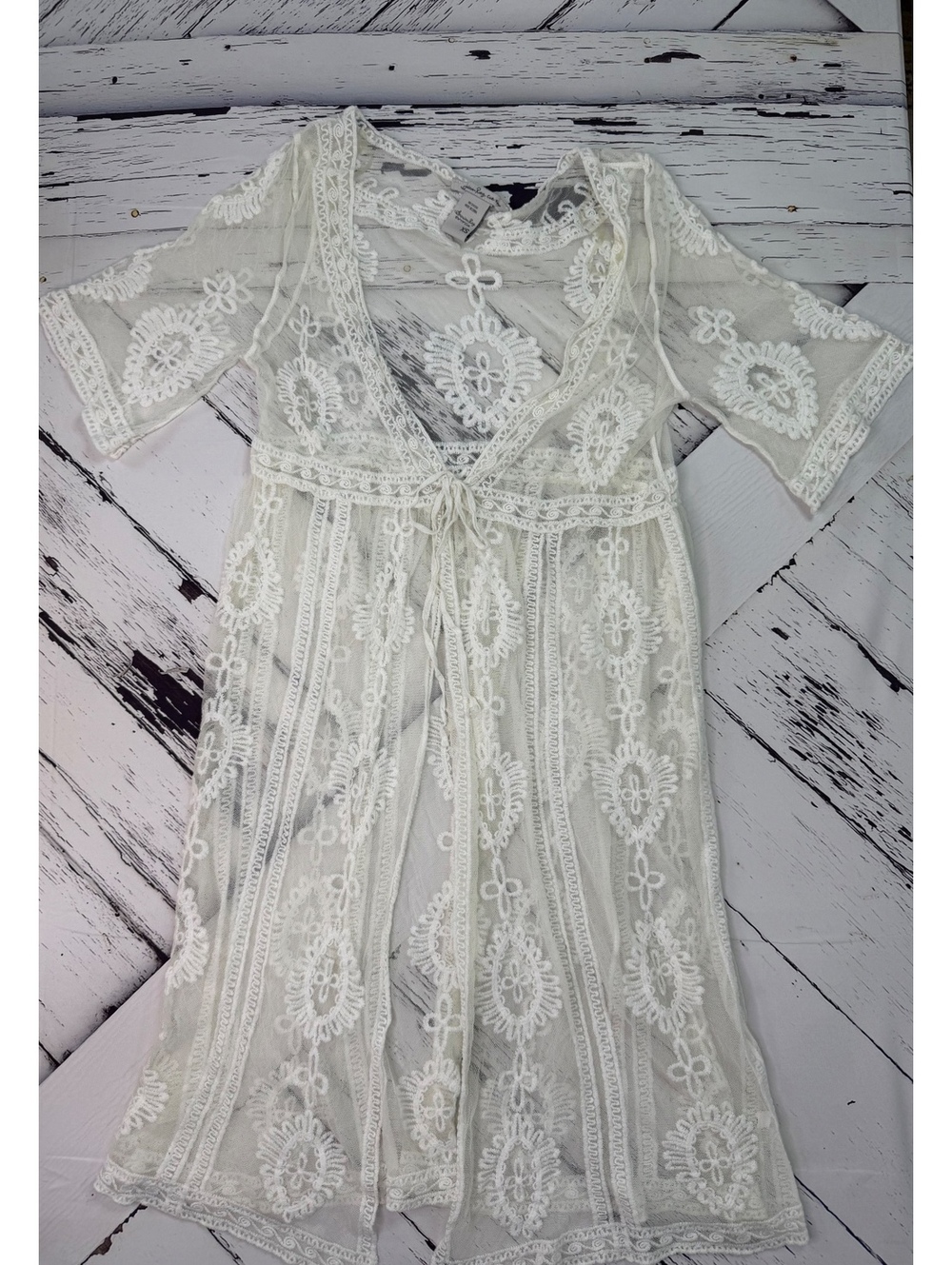 American Rag Boho Festival Sheer White Lace Kimono Duster